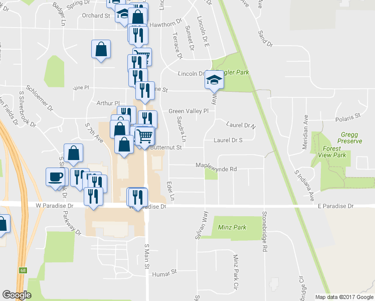 map of restaurants, bars, coffee shops, grocery stores, and more near 227 Butternut Street in West Bend