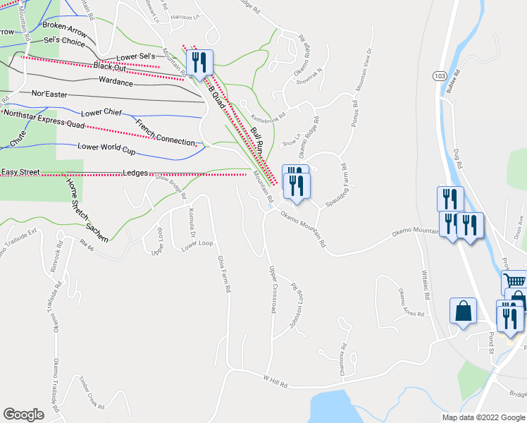 map of restaurants, bars, coffee shops, grocery stores, and more near 17 Titcomb Lane in Windsor County