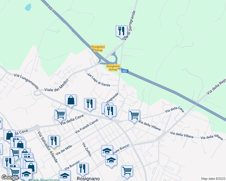 map of restaurants, bars, coffee shops, grocery stores, and more near 50 Via A. Rosmini in Rosignano Solvay-Castiglioncello