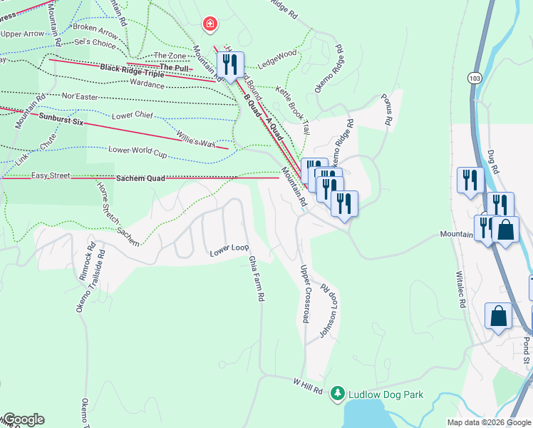 map of restaurants, bars, coffee shops, grocery stores, and more near 113 North Village Road in Windsor County