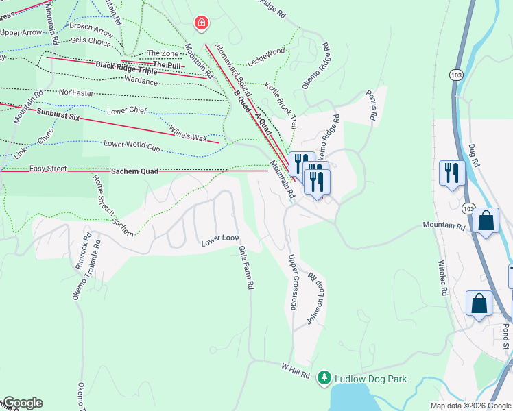 map of restaurants, bars, coffee shops, grocery stores, and more near 113 North Village Road in Windsor County