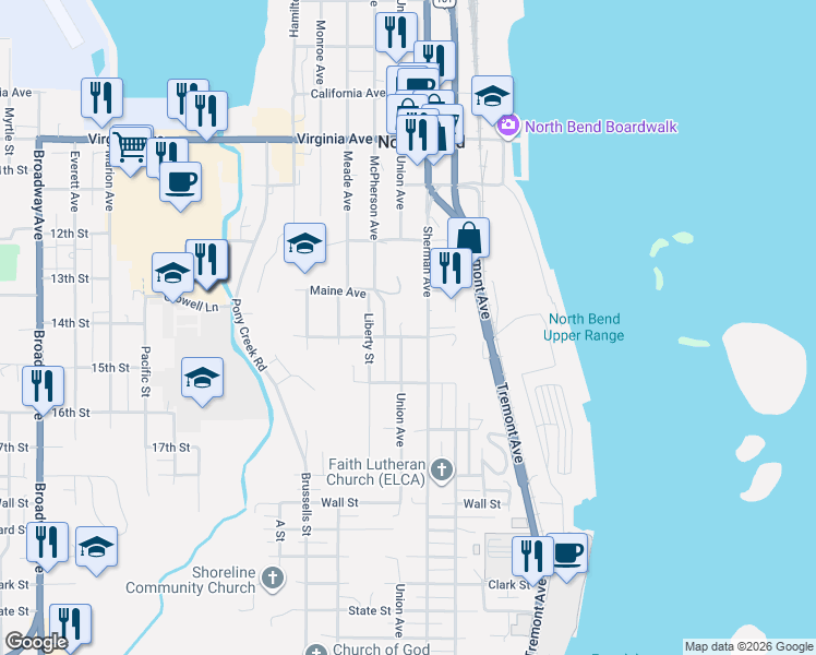 map of restaurants, bars, coffee shops, grocery stores, and more near 842 Oregon Avenue in North Bend