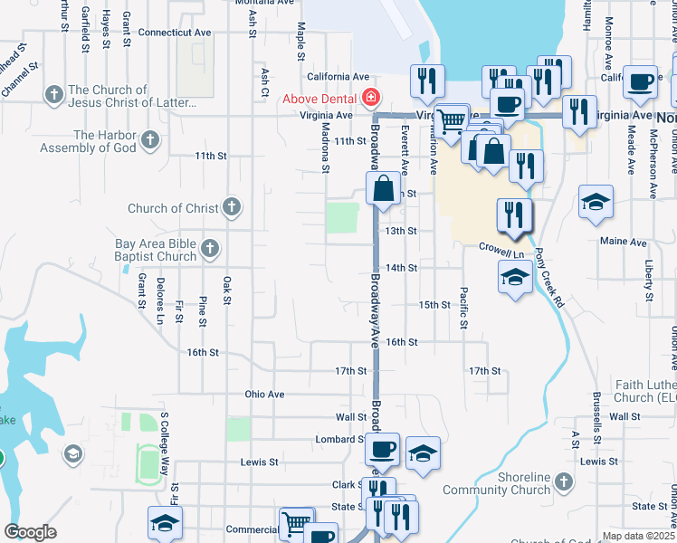 map of restaurants, bars, coffee shops, grocery stores, and more near 2400 Broadway Avenue in North Bend