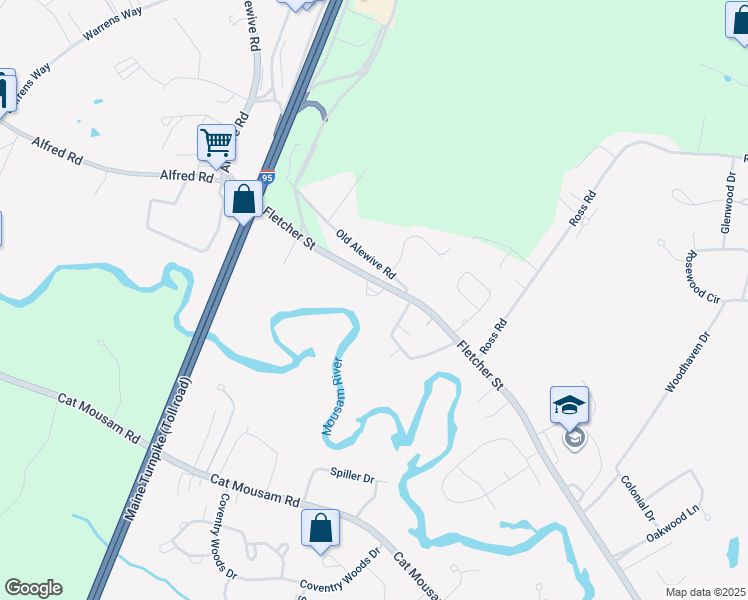 map of restaurants, bars, coffee shops, grocery stores, and more near 20 High Bluff Drive in Kennebunk