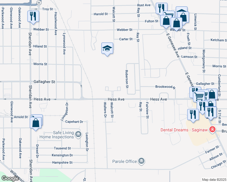 map of restaurants, bars, coffee shops, grocery stores, and more near 3108-3162 Birch Park Drive in Saginaw