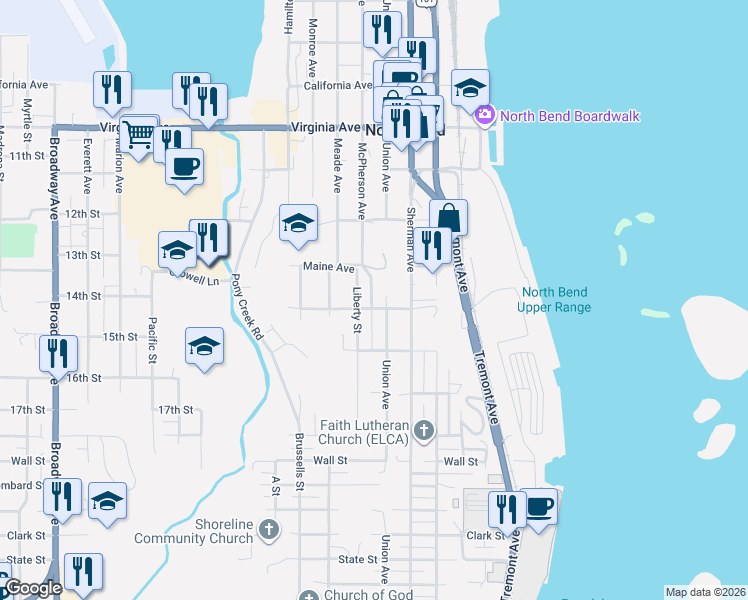 map of restaurants, bars, coffee shops, grocery stores, and more near 842 Oregon Avenue in North Bend