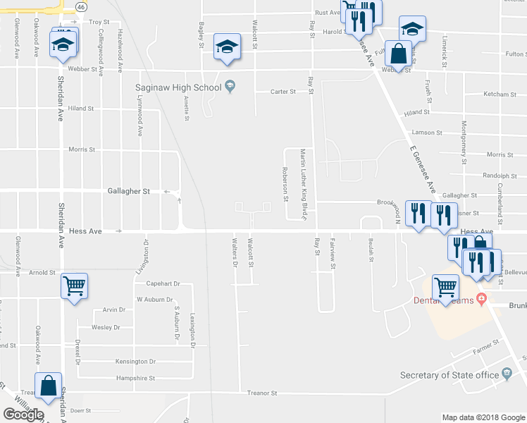 map of restaurants, bars, coffee shops, grocery stores, and more near 3162 Birch Park Drive in Saginaw