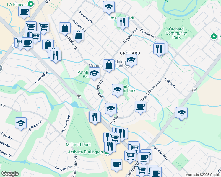 map of restaurants, bars, coffee shops, grocery stores, and more near 2209 Shadetree Avenue in Burlington