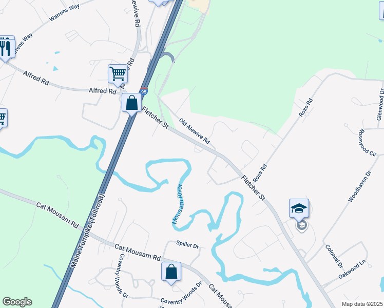 map of restaurants, bars, coffee shops, grocery stores, and more near 20 High Bluff Drive in Kennebunk