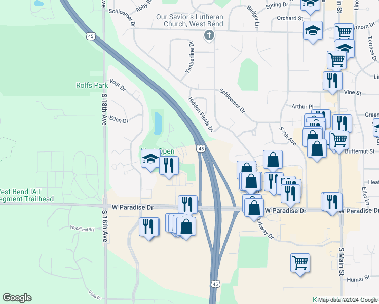 map of restaurants, bars, coffee shops, grocery stores, and more near 1517 Clarence Court in West Bend
