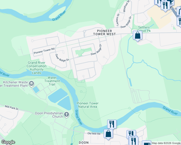 map of restaurants, bars, coffee shops, grocery stores, and more near 15 Langton Drive in Kitchener