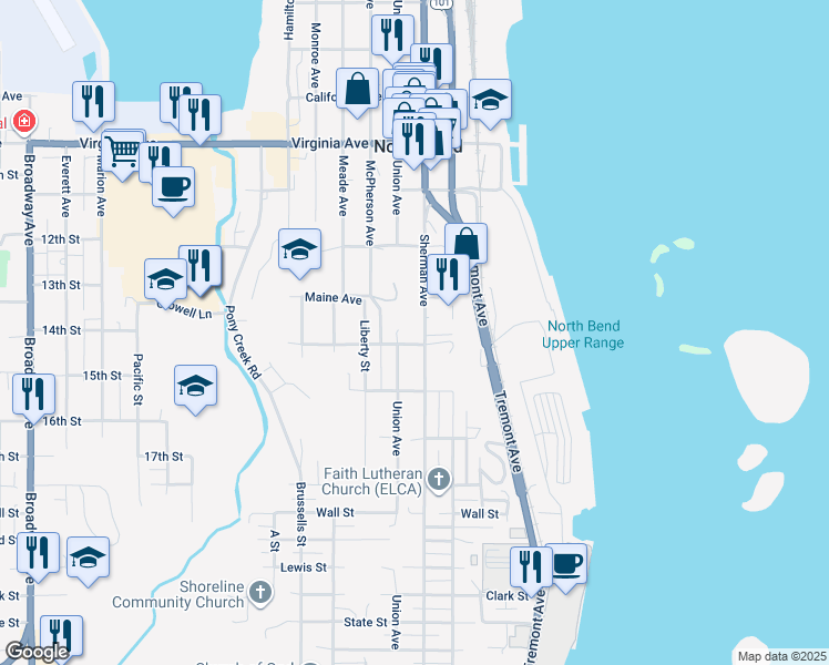 map of restaurants, bars, coffee shops, grocery stores, and more near 2380 Sherman Avenue in North Bend