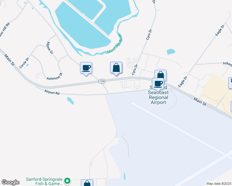 map of restaurants, bars, coffee shops, grocery stores, and more near 132-174 Airport Road in Sanford