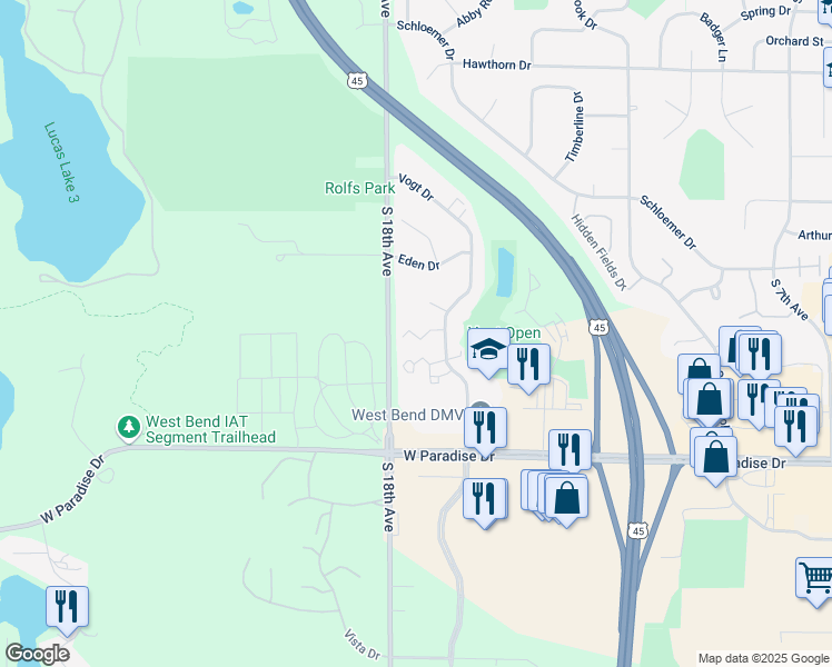 map of restaurants, bars, coffee shops, grocery stores, and more near 1526 Vogt Drive in West Bend