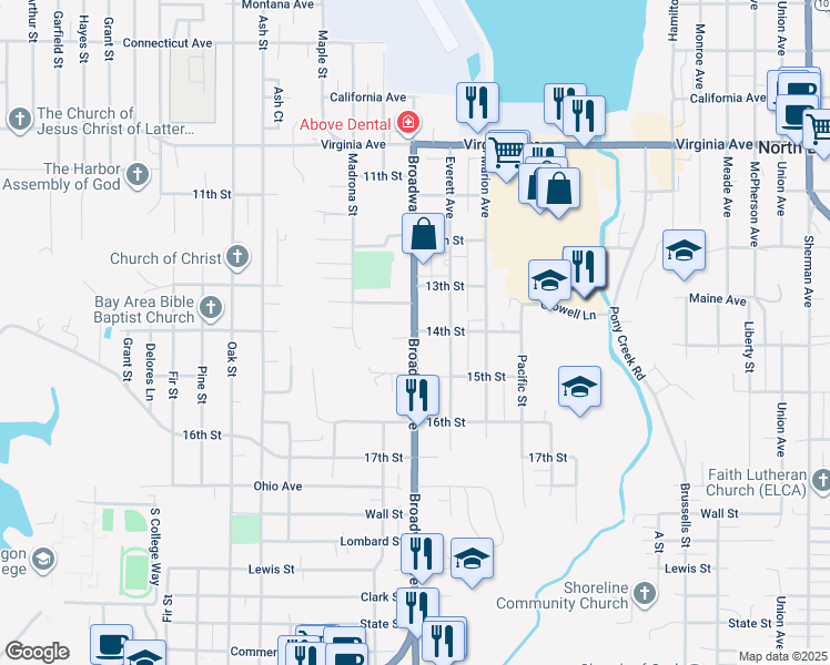 map of restaurants, bars, coffee shops, grocery stores, and more near 2400 Broadway Avenue in North Bend