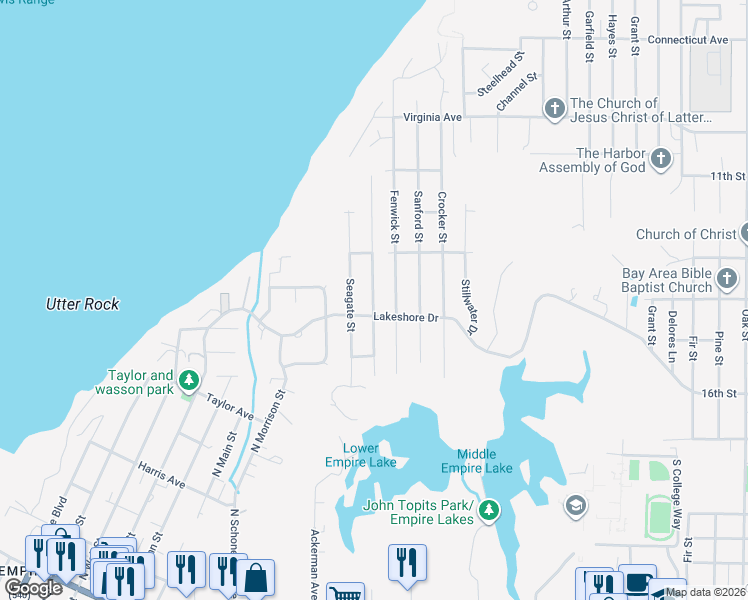 map of restaurants, bars, coffee shops, grocery stores, and more near 927 Augustine Avenue in Coos Bay
