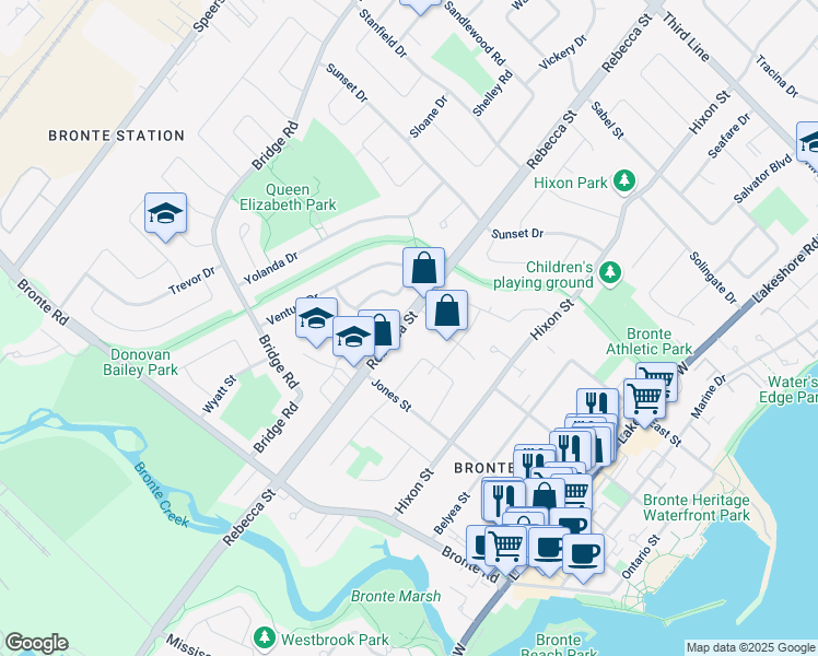 map of restaurants, bars, coffee shops, grocery stores, and more near 2346 Rebecca Street in Oakville