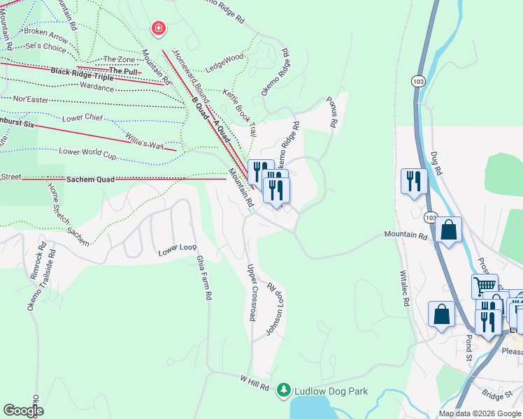 map of restaurants, bars, coffee shops, grocery stores, and more near 318 Mountain Road in Windsor County