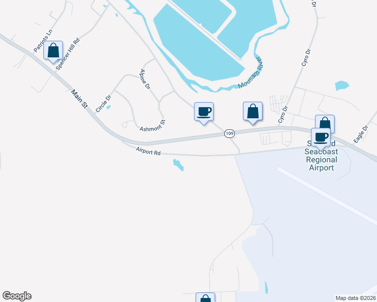 map of restaurants, bars, coffee shops, grocery stores, and more near 67 Airport Road in Sanford