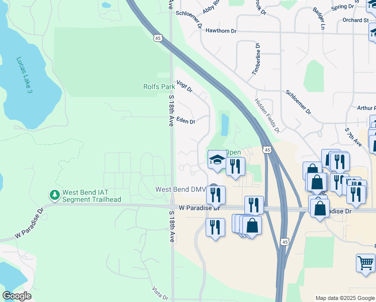 map of restaurants, bars, coffee shops, grocery stores, and more near 1526 Vogt Drive in West Bend