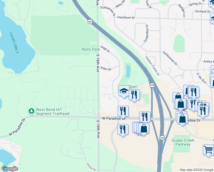 map of restaurants, bars, coffee shops, grocery stores, and more near 1526 Vogt Drive in West Bend