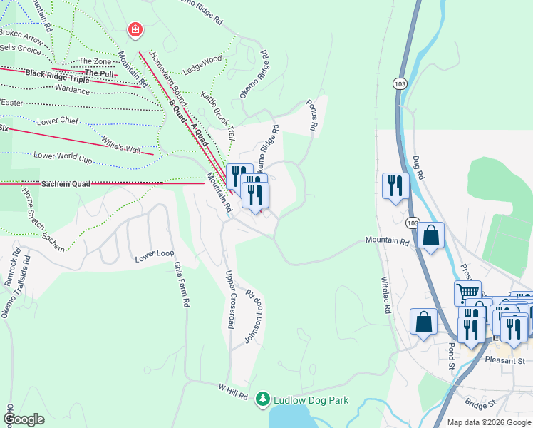 map of restaurants, bars, coffee shops, grocery stores, and more near in Windsor County