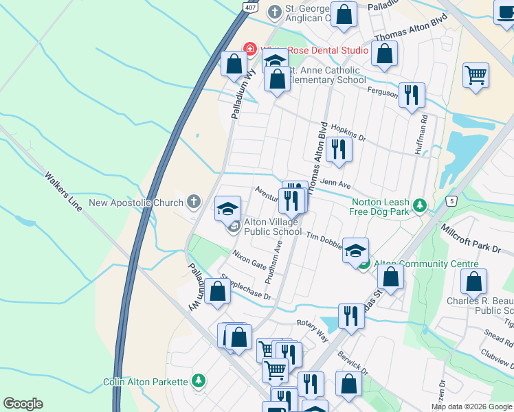 map of restaurants, bars, coffee shops, grocery stores, and more near 4261 Vivaldi Road in Burlington