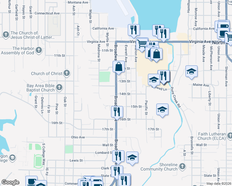 map of restaurants, bars, coffee shops, grocery stores, and more near 2388 Broadway Street in North Bend