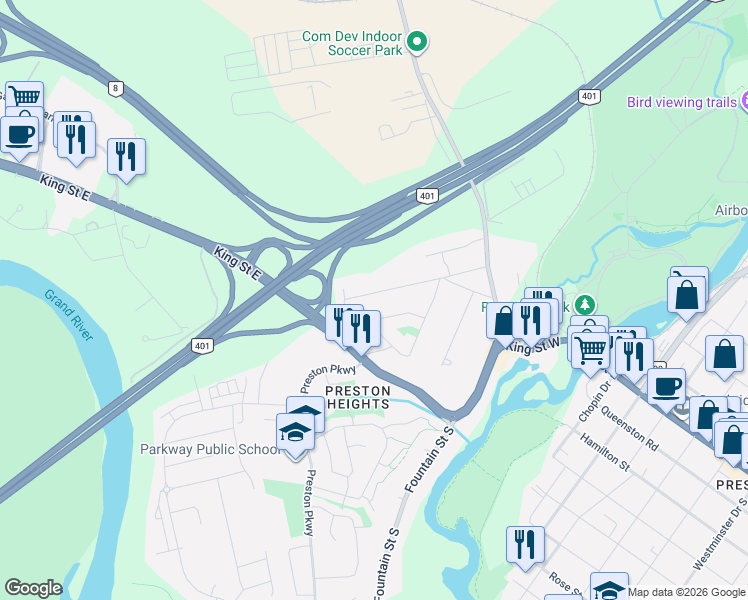 map of restaurants, bars, coffee shops, grocery stores, and more near 323 Kitchener Road in Cambridge