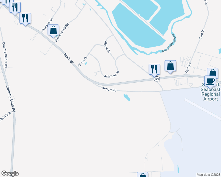 map of restaurants, bars, coffee shops, grocery stores, and more near 31 Airport Road in Sanford