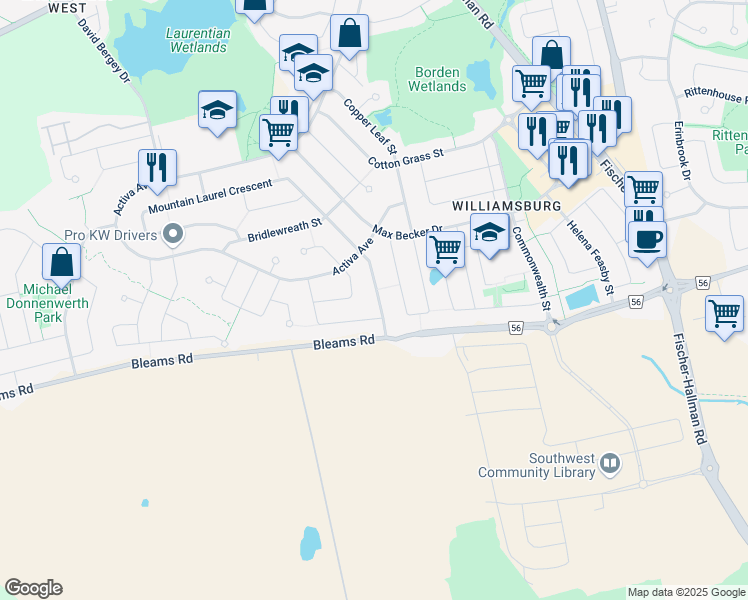 map of restaurants, bars, coffee shops, grocery stores, and more near 121 Donnenwerth Drive in Kitchener