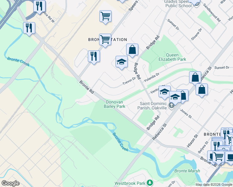 map of restaurants, bars, coffee shops, grocery stores, and more near 2485 Woburn Crescent in Oakville