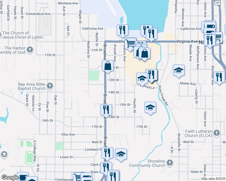 map of restaurants, bars, coffee shops, grocery stores, and more near 2423 Everett Avenue in North Bend
