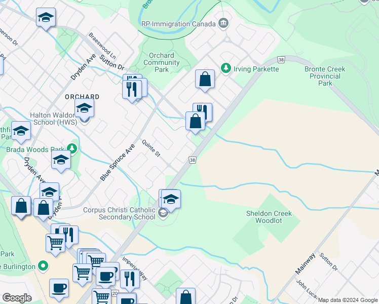 map of restaurants, bars, coffee shops, grocery stores, and more near 2092 English Crescent in Burlington