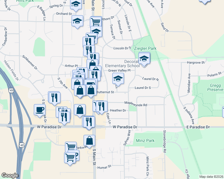map of restaurants, bars, coffee shops, grocery stores, and more near 253 Butternut Street in West Bend