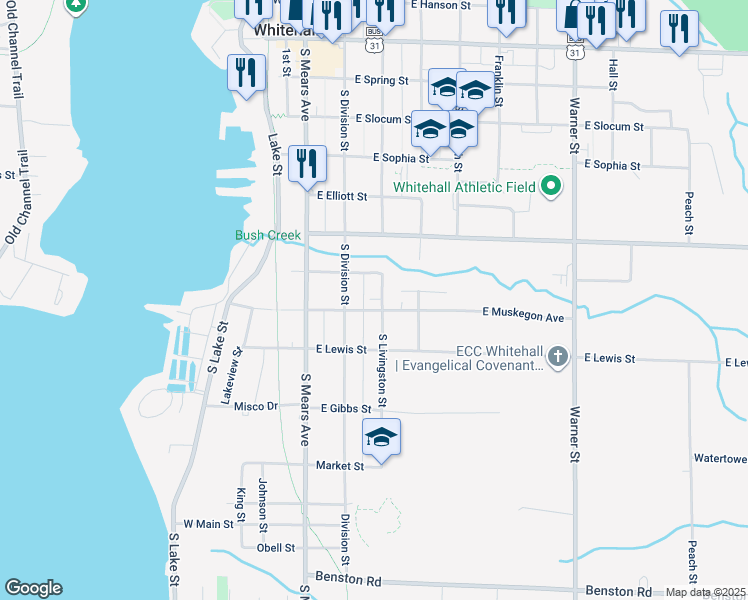map of restaurants, bars, coffee shops, grocery stores, and more near 803 South Livingston Street in Whitehall