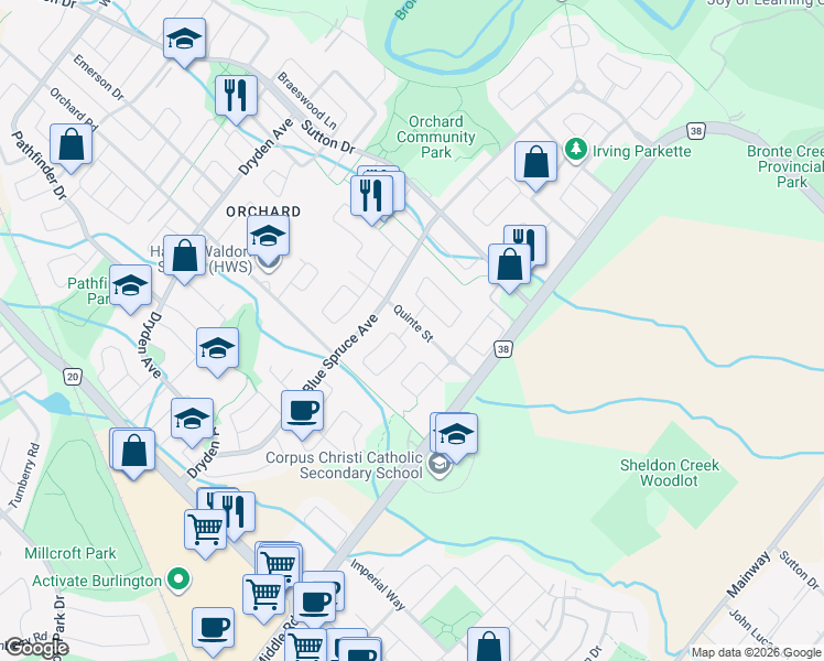map of restaurants, bars, coffee shops, grocery stores, and more near 2042 Quinte Street in Burlington