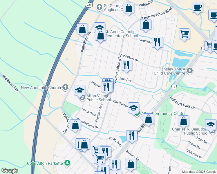 map of restaurants, bars, coffee shops, grocery stores, and more near 3284 Aventurine Avenue in Burlington