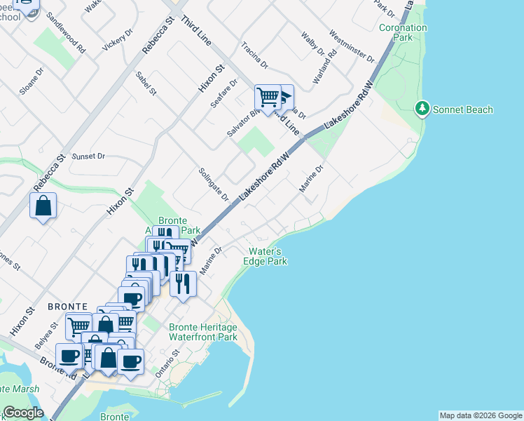 map of restaurants, bars, coffee shops, grocery stores, and more near 71 Sarah Lane in Oakville
