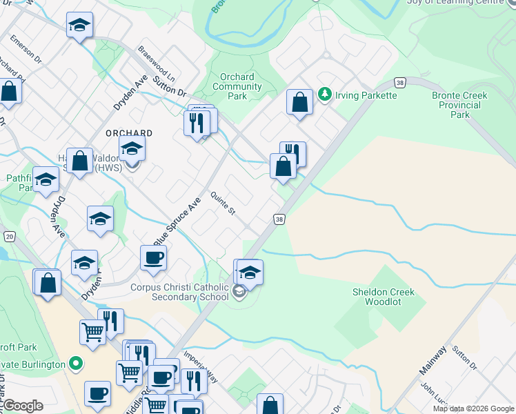 map of restaurants, bars, coffee shops, grocery stores, and more near 5295 Scotia Street in Burlington