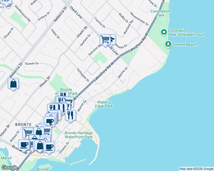 map of restaurants, bars, coffee shops, grocery stores, and more near 61 Sarah Lane in Oakville