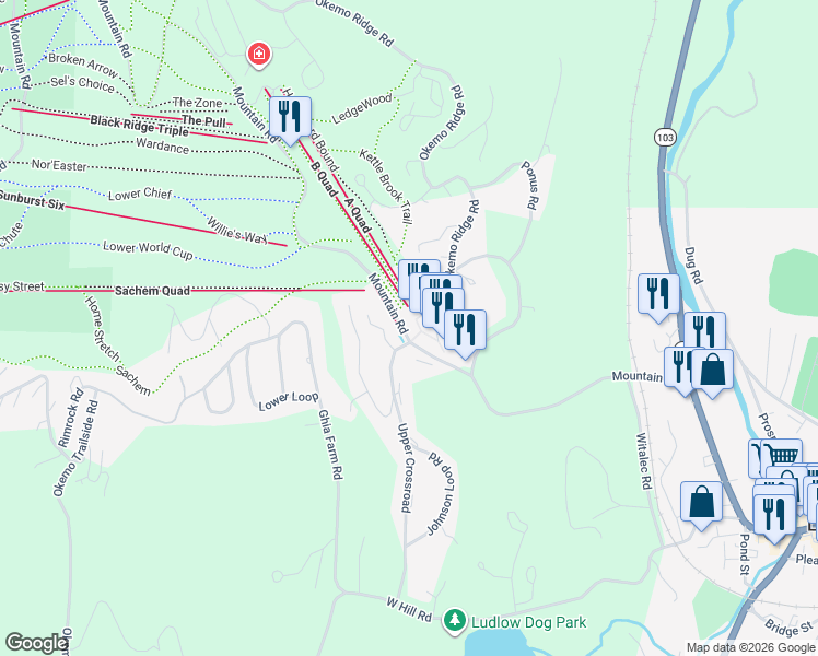 map of restaurants, bars, coffee shops, grocery stores, and more near 17 Titcomb Lane in Windsor County