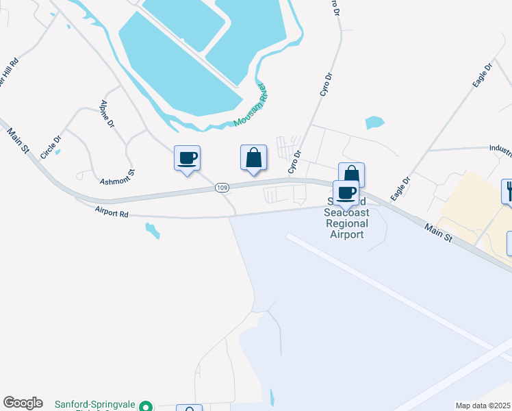 map of restaurants, bars, coffee shops, grocery stores, and more near 132 Airport Road in Sanford