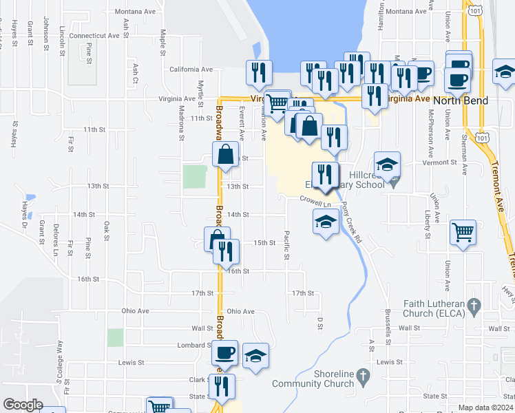 map of restaurants, bars, coffee shops, grocery stores, and more near 2378 Marion Avenue in North Bend