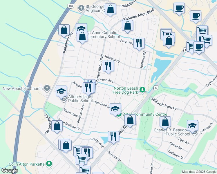 map of restaurants, bars, coffee shops, grocery stores, and more near 3149 Velebit Park Boulevard in Burlington
