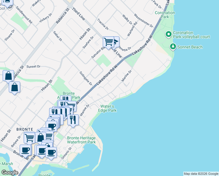 map of restaurants, bars, coffee shops, grocery stores, and more near 61 Sarah Lane in Oakville