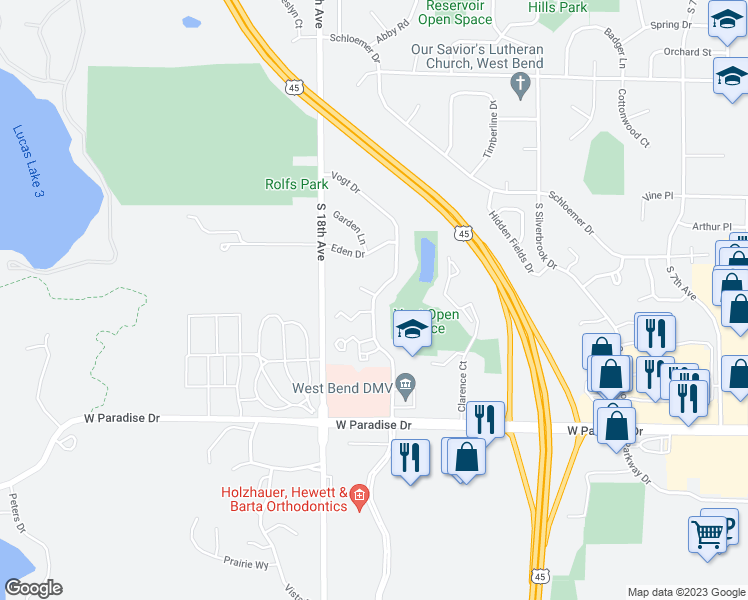 map of restaurants, bars, coffee shops, grocery stores, and more near 1500 Vogt Drive in West Bend