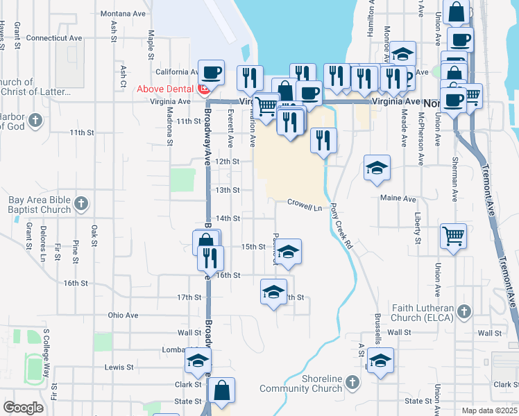 map of restaurants, bars, coffee shops, grocery stores, and more near 2319 Marion Avenue in North Bend