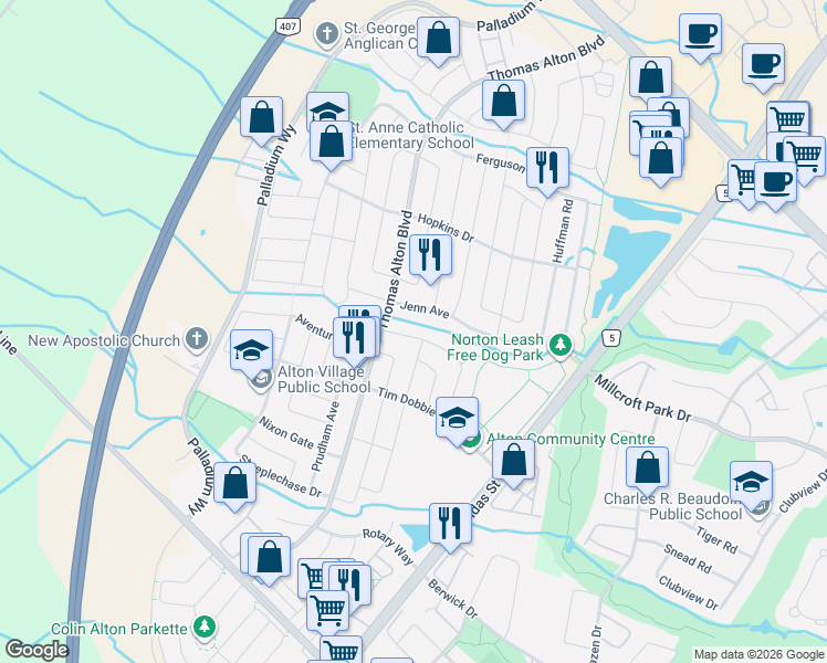map of restaurants, bars, coffee shops, grocery stores, and more near 3157 Velebit Park Boulevard in Burlington