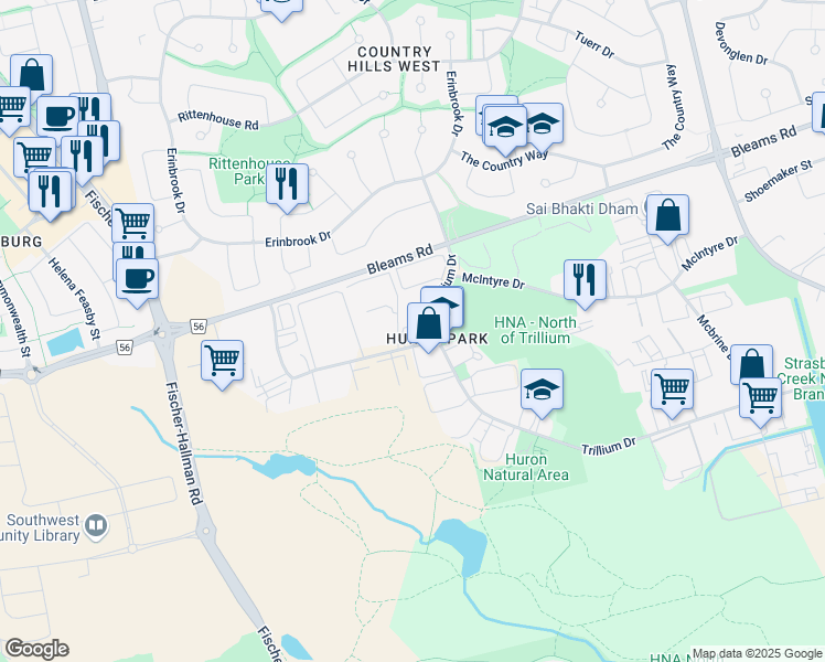 map of restaurants, bars, coffee shops, grocery stores, and more near 10 Washburn Drive in Kitchener